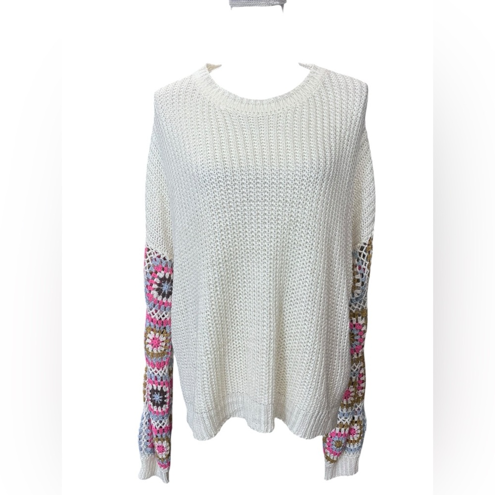 Wanna B Me Crochet Sleeve Knit Sweater Cream Large Bohemian - Picture 7 of 12